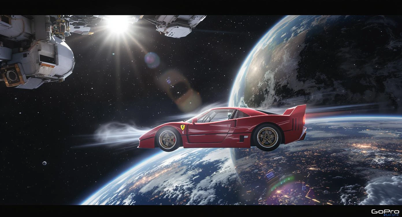 Cinematic still of a ferrari f40 floating in space, shot by space camera connect to spaceship, sun flare, big earth in background, captured by gopro emoji