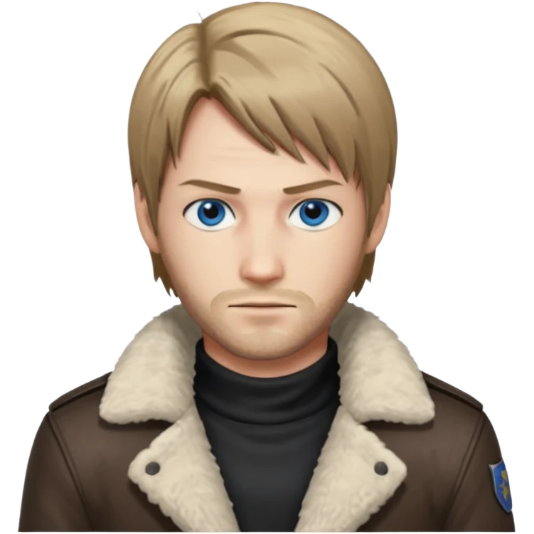 Leon Kennedy from resident evil 4 remake in sheepskin coat and black t-shirt blue eyes emoji