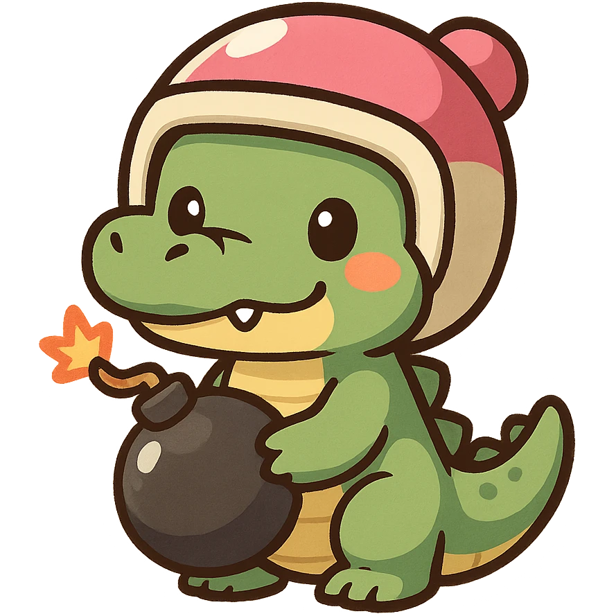 A crocodile wearing a Bomberman-style helmet and holding a cartoon bomb, with a cute and chibi appearance emoji
