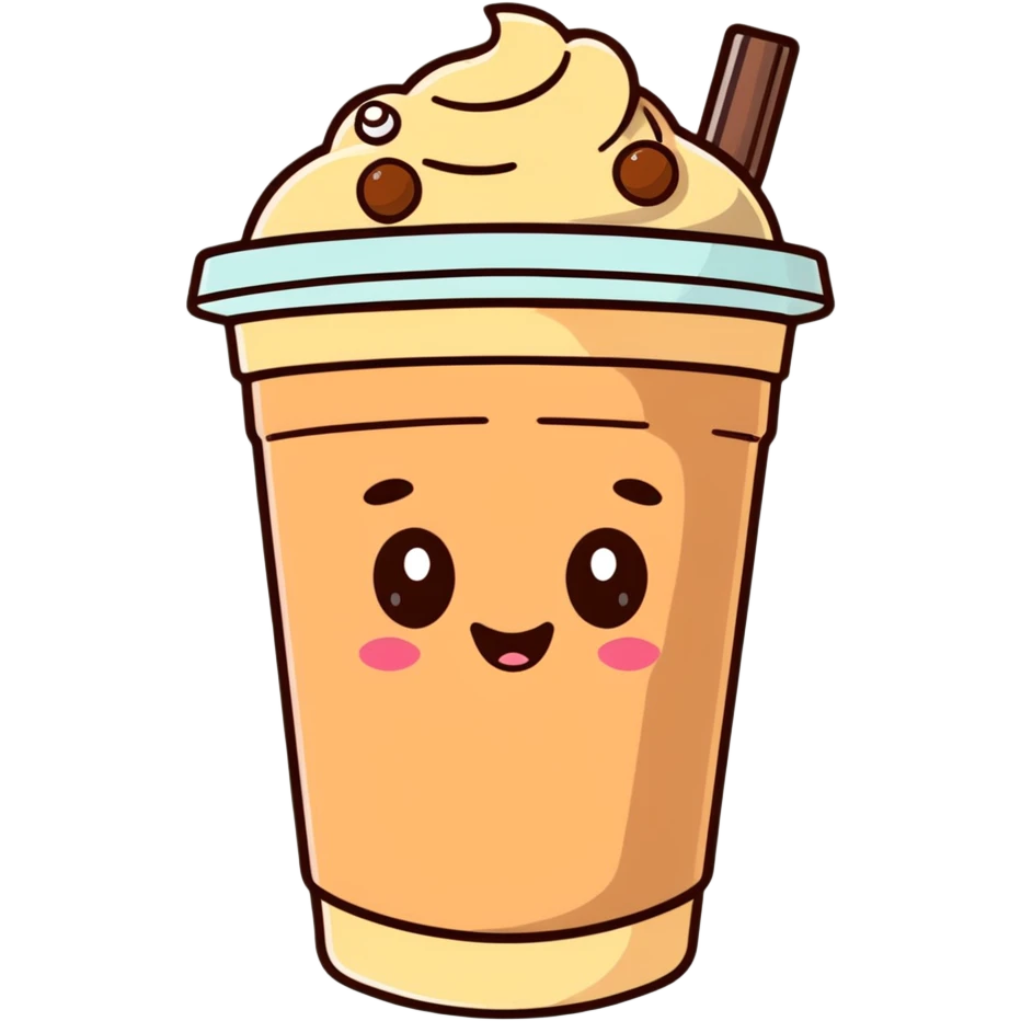 brown milk tea with a happy expression and boba pearls, soft mocha pastel tones, kawaii emoji