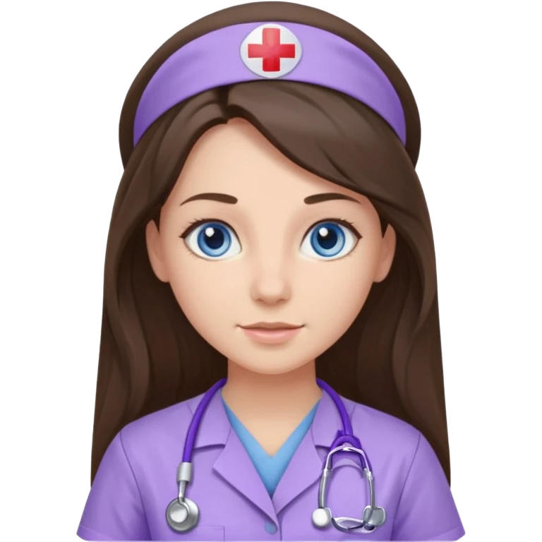pretty brunette nurse with long hair and blue eyes in lilac scrubs emoji