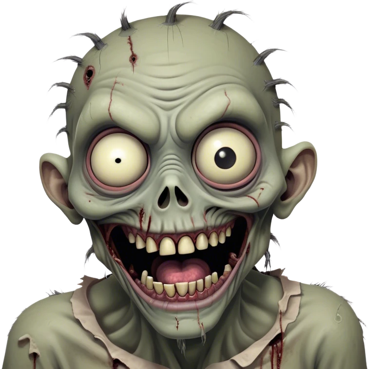 Cinematic Comical Zombie Portrait Emoji, with a grotesquely exaggerated yet playful decaying face in muted ashen tones, head cocked in a dramatically shocked expression with wildly comical, googly eyes and a gaping, silly grin revealing quirky stitches, simplified yet hilariously expressive, highly detailed with a soft eerie glowing outline capturing the absurd humor of a zombie in comic disbelief! emoji