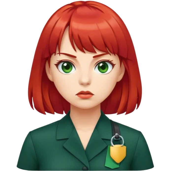 Woman with red bangs dark green work dress and press pass around neck  emoji