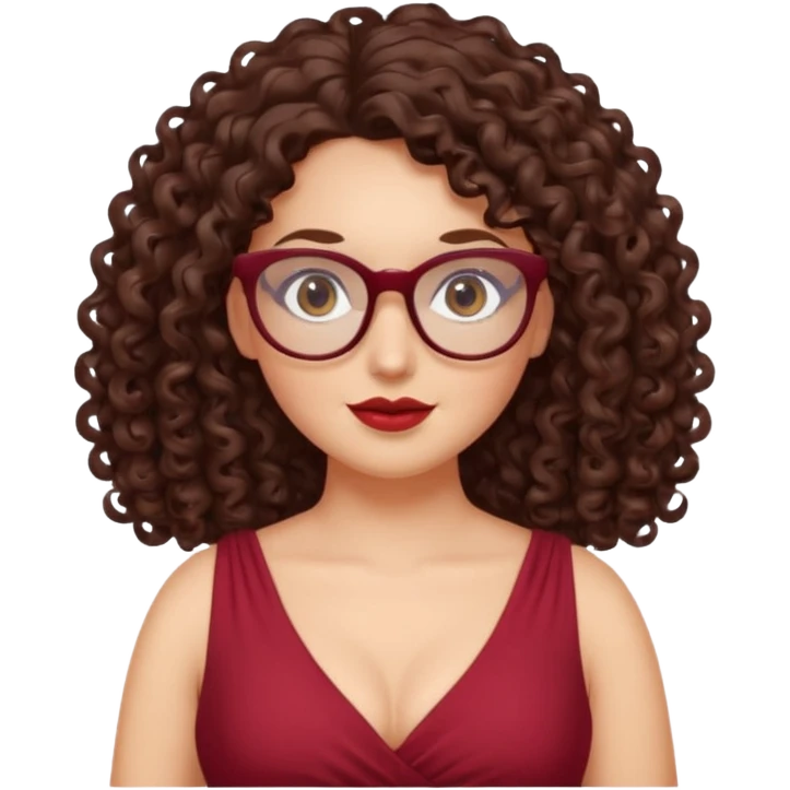 brunette , curly long hair , gray eyes , dark red glasses , curvy emoji