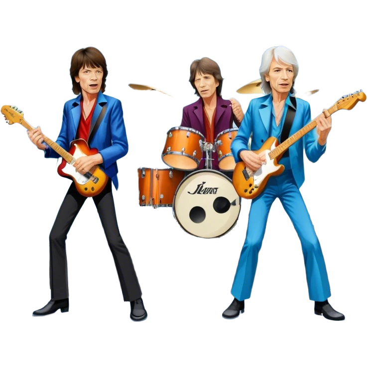 Icon for Rock Music: The Rolling Stones live on stage with Mick Jagger performing vocals, Keith Richards playing guitar, and Charlie Watts on drums. Iconic stage lights, electric guitars, and energetic crowd. Transparent background. emoji