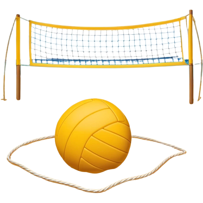 The scene captures the relaxed yet competitive vibe of beach volleyball, with warm sunlight and the natural beauty of the beach. A volleyball resting on the yellow sand on a beach, with the net in the background and a scenic view of the ocean and sky.  emoji