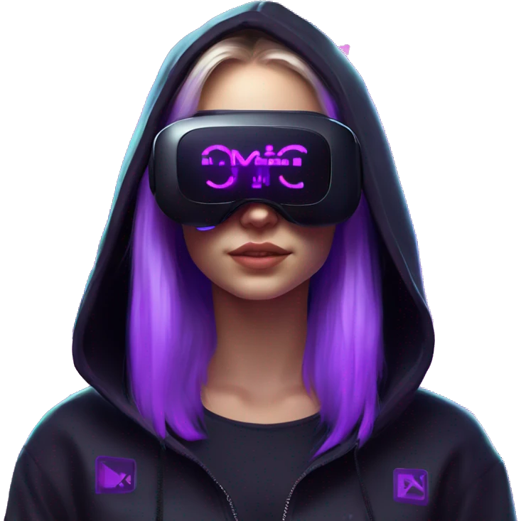 Russian girl wearing black hoody with violet letters "OMG", in vr headset. Cyberpunk style. Violet neon. emoji