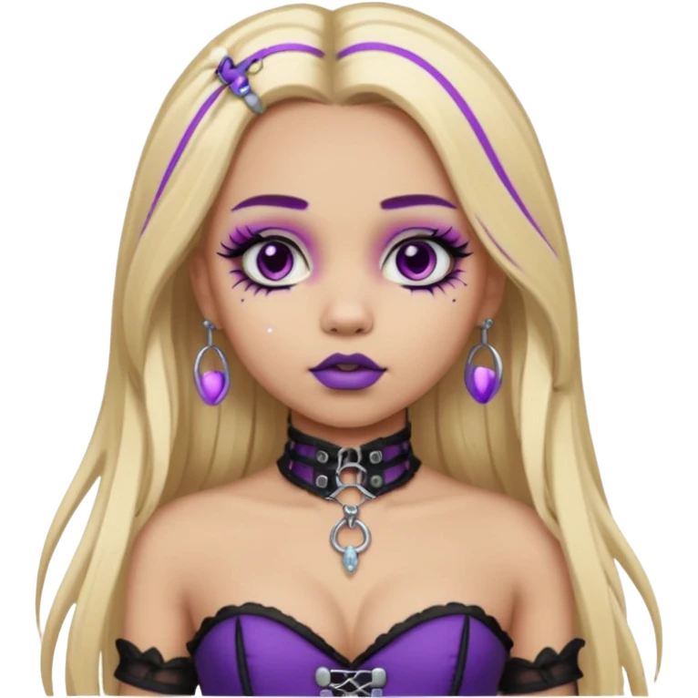 Ai light skin girl , who has straight long length blonde hair with heavy purple streaks , hazel eyes , and doll like makeup , with a septum piercing, nostril piercing, in a black corset emoji emoji