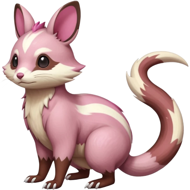 Rare realistic brown-scaled pink, white beige edgy badass epic pretty beautiful handsome gorgeous aesthetic colorful vibrant Vernid-Minccino-Cinccino-Furret-Linoone-Amaura-species-Fakemon-creature by LiLaiRa, random markings, (full body) emoji