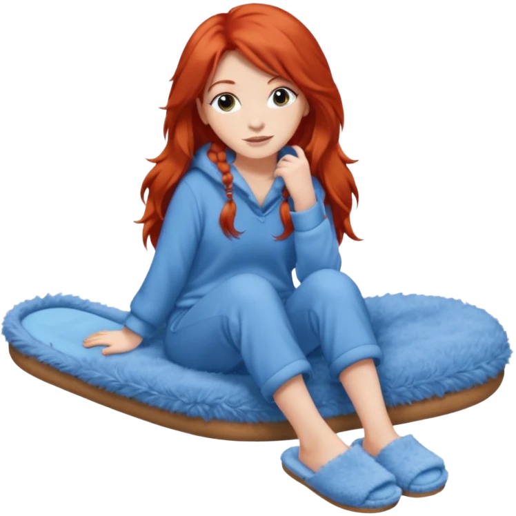 young woman with long red hear wearing comfy lounging outfit, wearing blue fuzzy slippers emoji