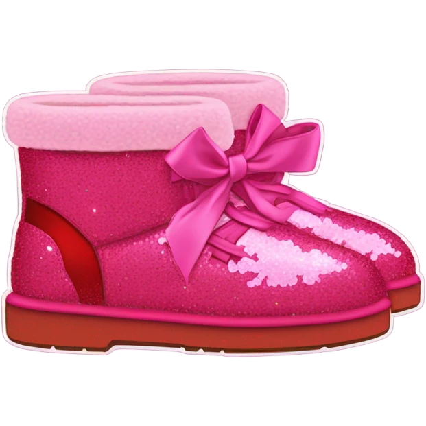 Realistic isolated of Red Ugg Fur Boots laced up with pink silk ribbon bows and hot pink and light pink sequin heart shaped patches sewn onto them. emoji