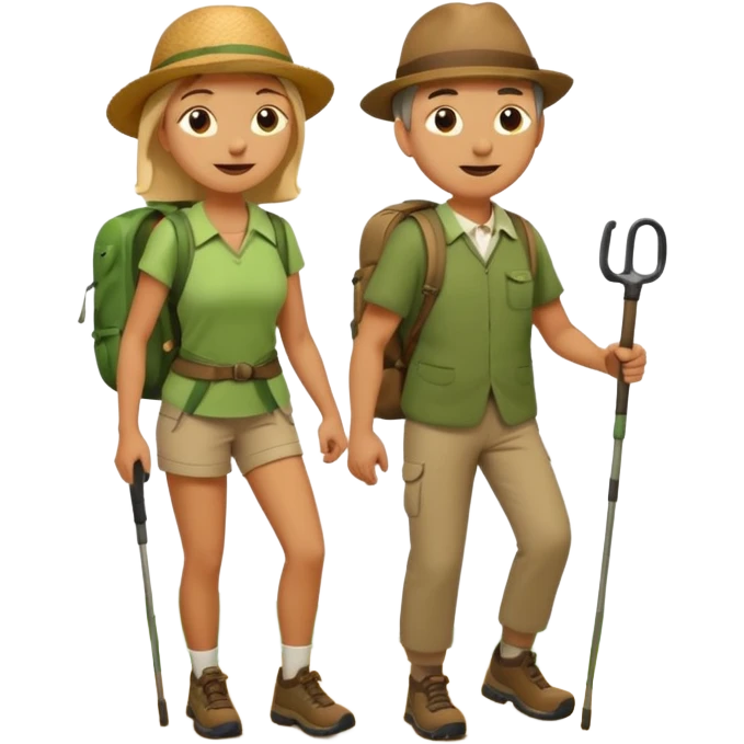 emoticon of a gentleman and lady hiking together, simple expressive faces, minimal lines emoji