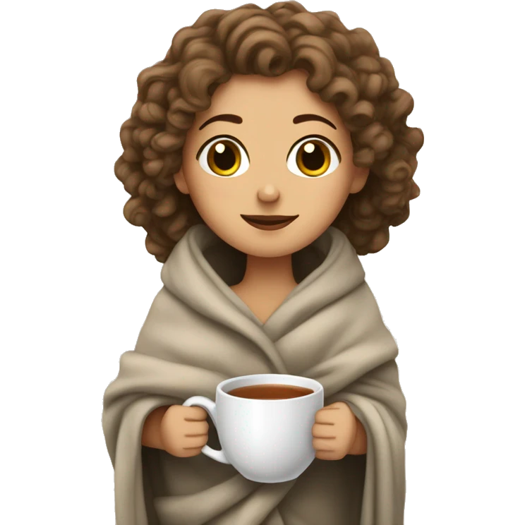 a white girl with curly hair wrapped in a blanket with a cup of tea emoji