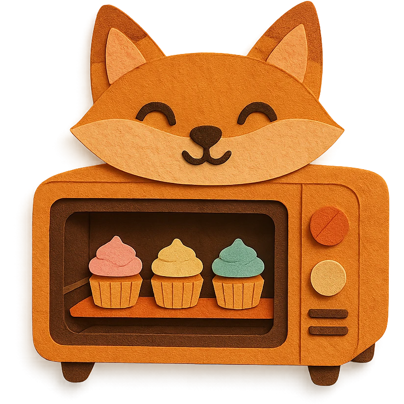 fox-shaped electric oven, baking mini cupcakes, happy expression, soft warm colors, full-body emoji