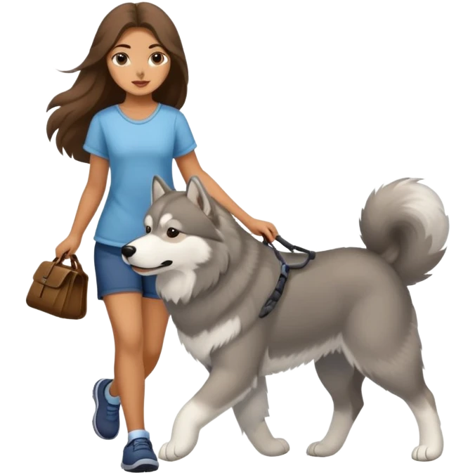 A girl with long brown hair walks a gray Alaskan emoji