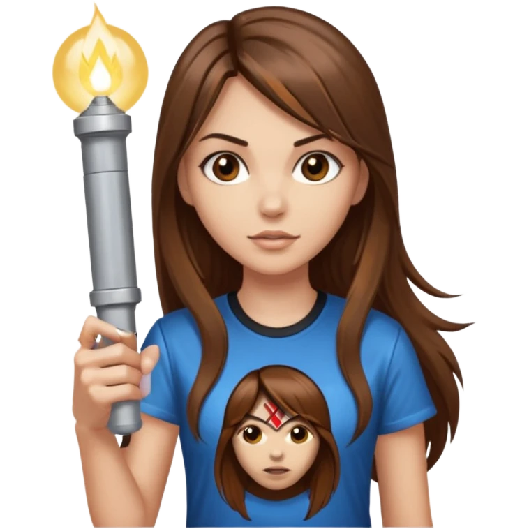 a female with long straight brown hair and brown eyes wearing a iron maiden shirt holding a flashlight  emoji