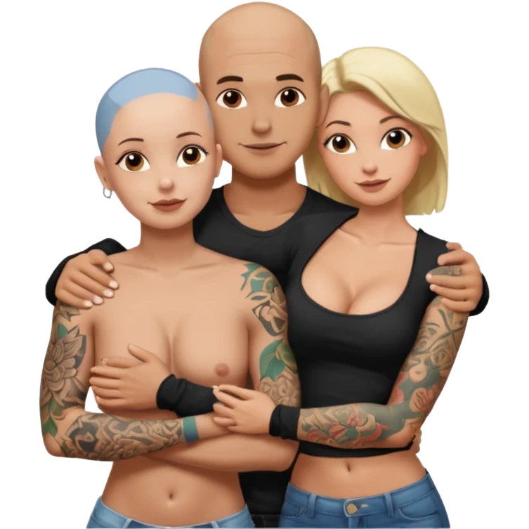 throuple tattooed sleeves bbald male with topless naked big boobed brunette and topless naked big boobed blonde girlfriends  loving  and sexy polygamy naughty  emoji