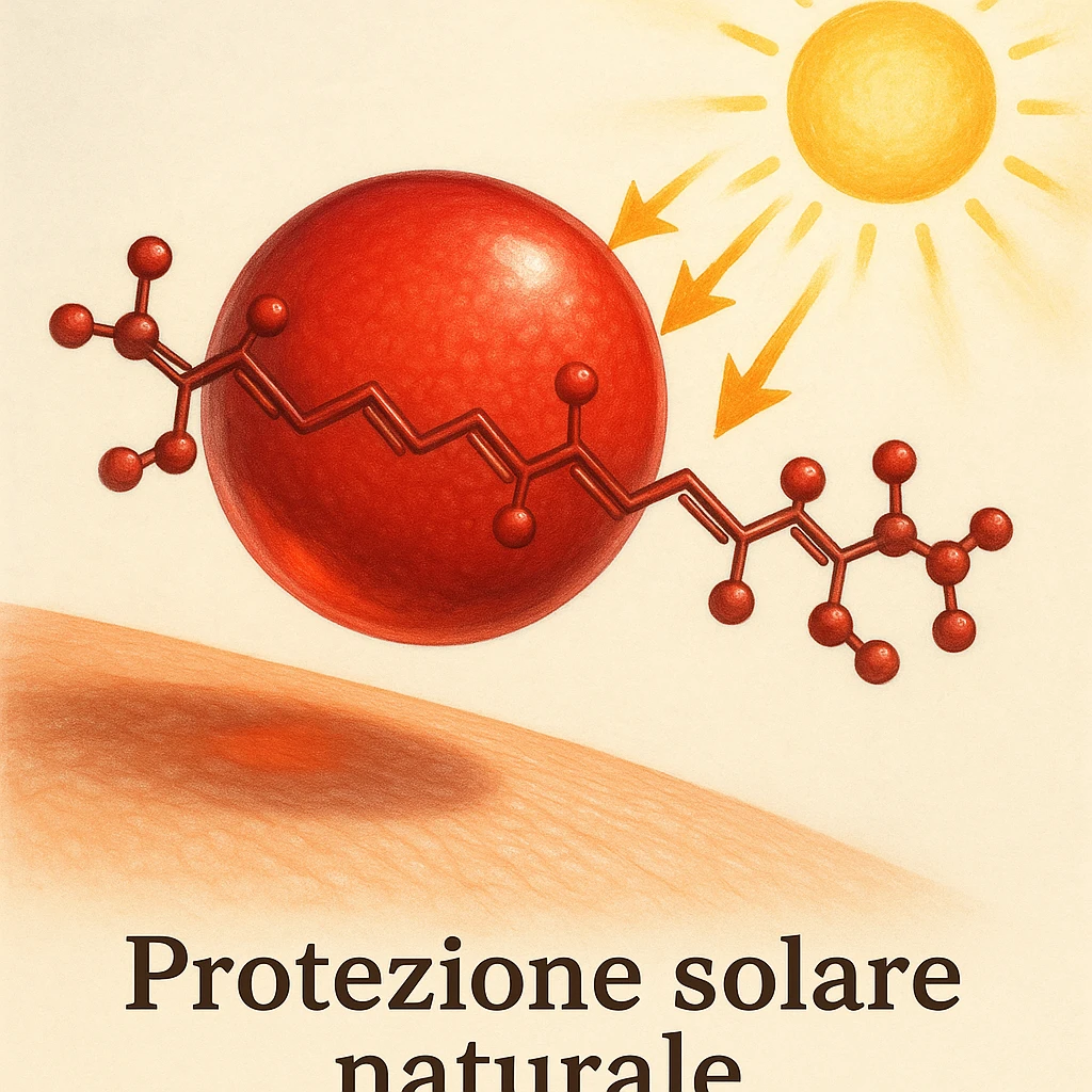 hyper realistic red astaxanthin molecule blocking UV damage, red molecule as shield between skin and sun, positive atmosphere, light background, text 'Protezione solare naturale' emoji