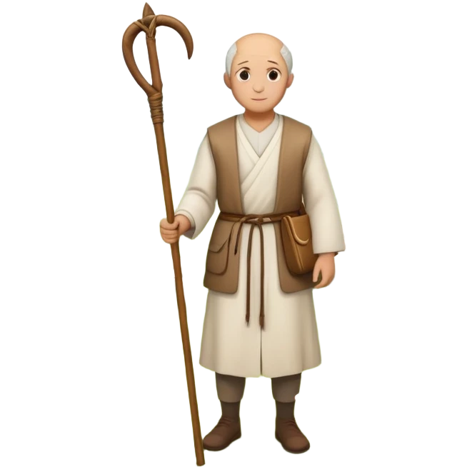 An emoji-style depiction of a shepherd. A person wearing simple, traditional clothing, holding a wooden staff (crook), standing near sheep or leading them. Often outdoors, in a field or hillside setting, symbolizing care, guidance, and rural life emoji