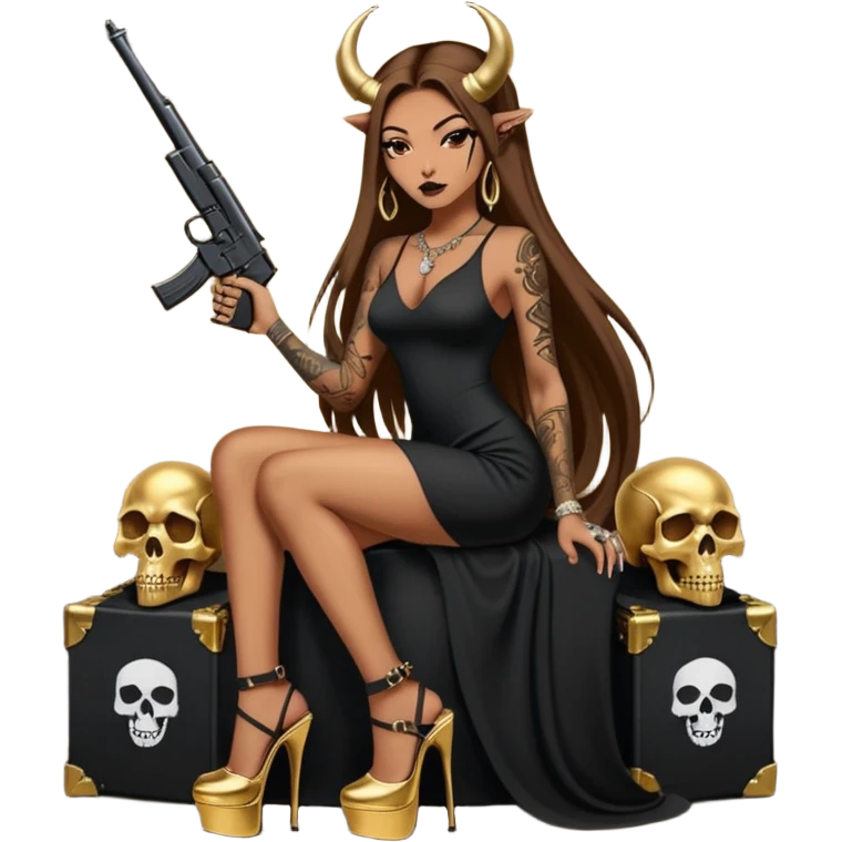 Sensual woman long brown straight haired sexy drug lord woman with tattoos on arm sleeves and black thick butt platform high heels on her feet, and devil black horns on her head, she is holding a skull head and a gun. Sitting on gold cases full of gold , long black dress with sexy slit emoji