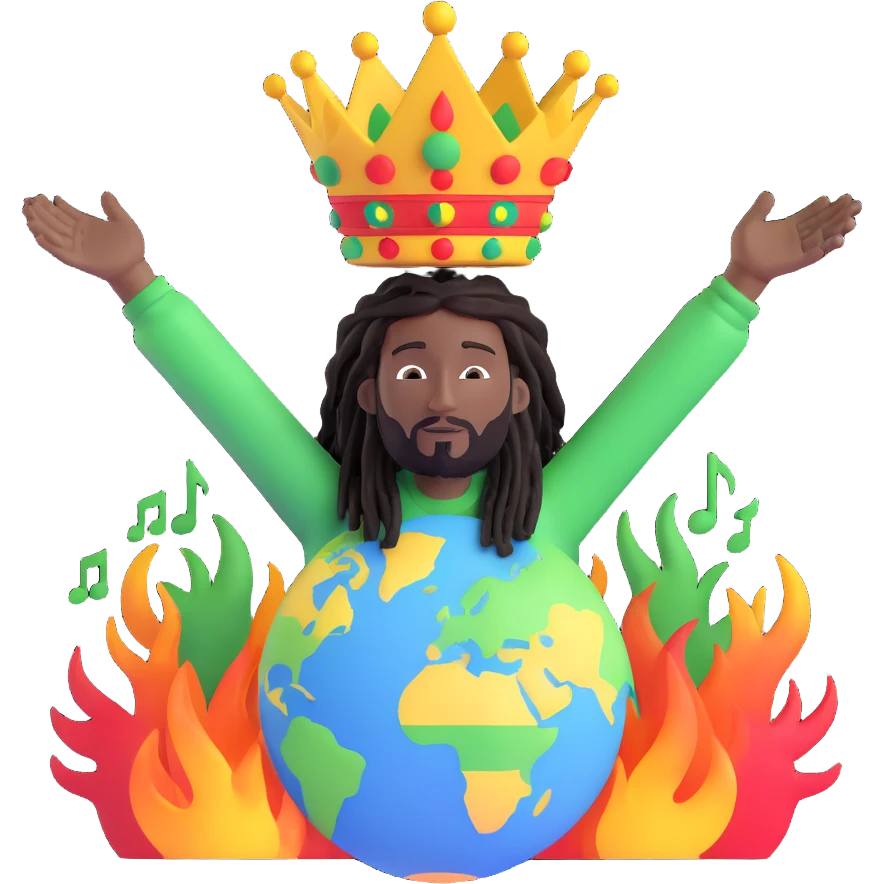 A rasta man bigging up di whole world 🌍🔥🤲🏾, reggae vibes 🎶, love and unity ✨💛💚❤️, every nation stand strong 🇯🇲🌐👑. emoji