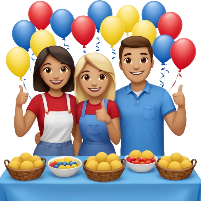 party table decorated with red blue and yellow colors, including a backdrops, balloons arch, streamers and more. On the table are intricate displays of colombian arepas, and baskets of money. In the forefront is a woman and man in simple clothing, big smiles and big thumbs up emoji