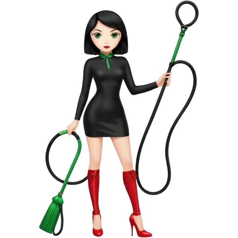 🕵🏻‍♀️💦🧥 black hair , green eyes , full body , red high heels , whip , black latex dress emoji