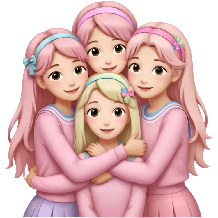 Four girls hugging each other, all wearing soft pink clothes, two with long hair and two with shoulder-length short hair, smiling, with hair accessories like headbands or ribbons, pastel color palette, soft shading, make someone pose with two fingers and someone kisses his cheek emoji