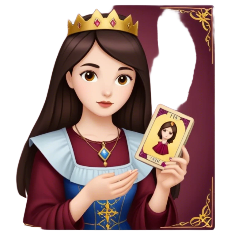 A brunette girl with a square hairstyle reading the Burgundy tarot emoji