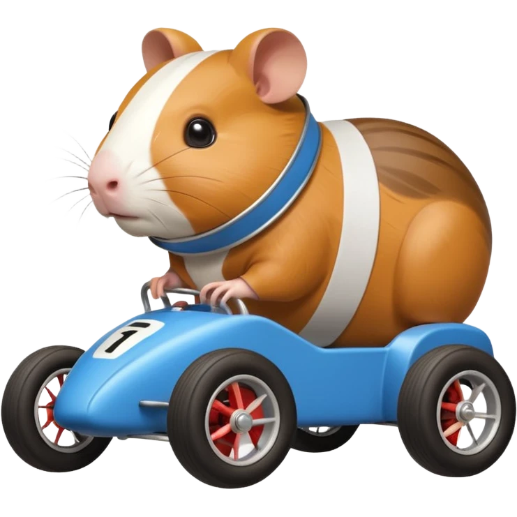 Special air-cooled three-cylinder race car whose frame and suspension is made of shopping cart material with a large rear-mounted gas tank, a soft racing seat, and rear spoiler, is being raced by a small Guinea pig emoji