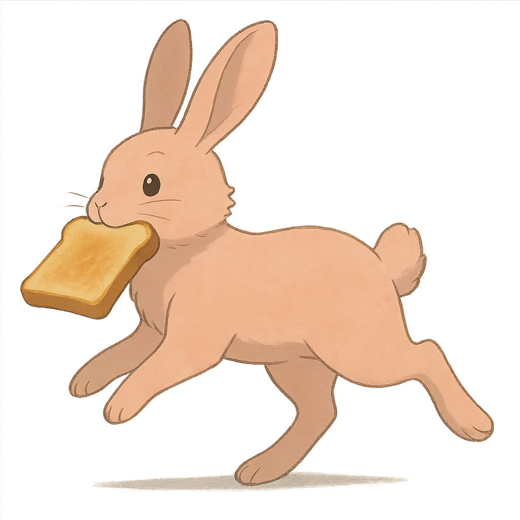full-body peach bunny running with toast in mouth in soft Ghibli style emoji