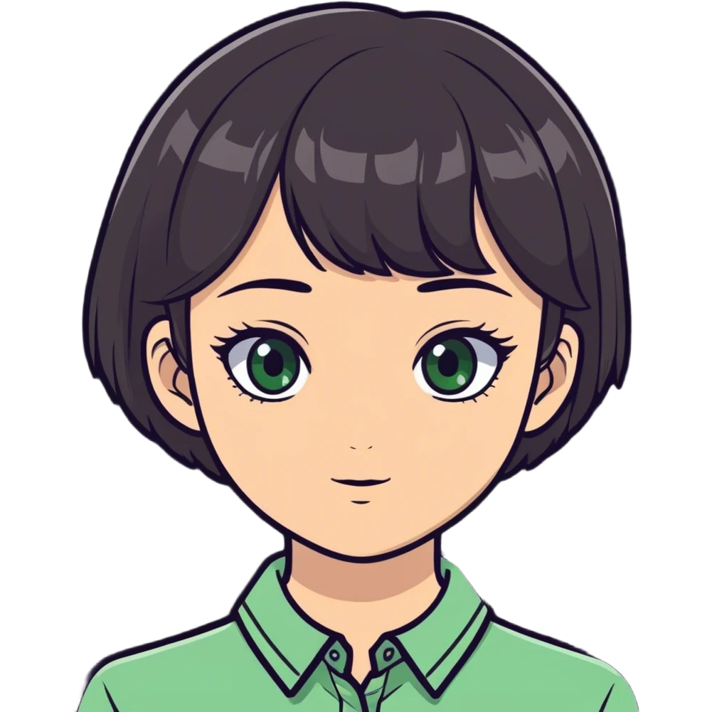 Girl with short hair, green eyes, wear a blouse emoji