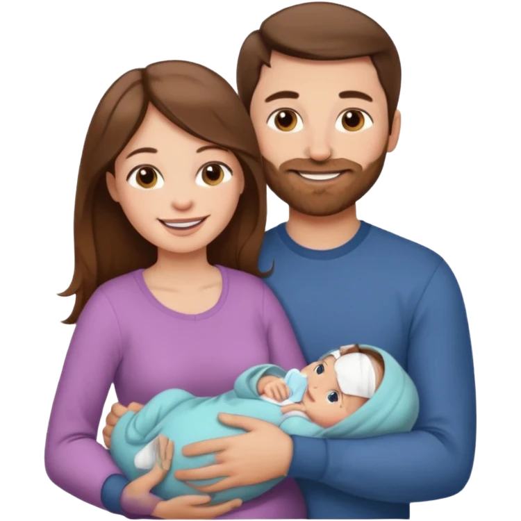 "Woman with long brown hair and fair skin holding a baby girl. And man with short brown hair and fair skin, without a mustache, holding a child. Smiling." emoji