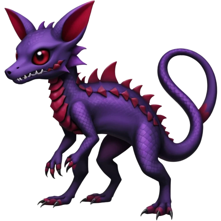 Gothic spooky Scaley Exotic Salandit-Umbreon-Noibat-Fakémon-hybrid-creature (full body), 4 legs, white skull face mask emoji