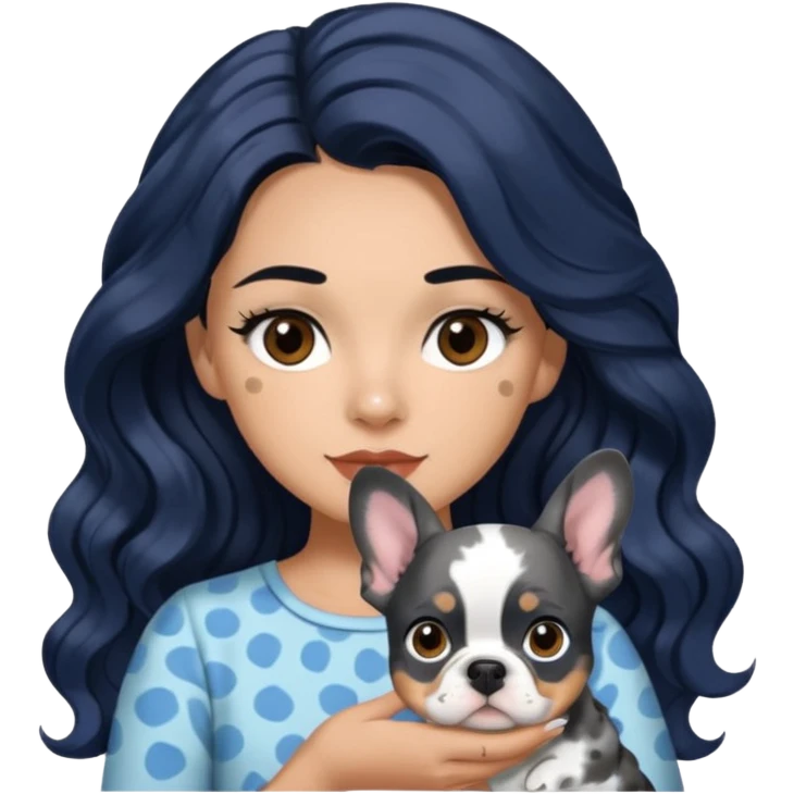 woman with olive skin, brown eyes and long lashes, and long black wavy hair with holding a blue spotted Merle frenchie emoji