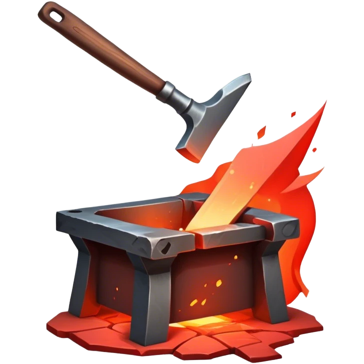 Blacksmithing icon, forged metal piece being shaped with hammer and anvil, glowing red-hot metal, blacksmith tools like tongs and chisel, sparks flying, minimalistic style, clean lines, transparent background. emoji