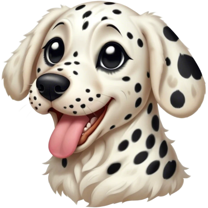 Cinematic Cute Yawning Spotted Dalmatian Portrait Emoji, Head tilted slightly with a dramatic, wide-open yawn, showcasing a smooth Fur of predominantly white with bold black patches, floppy ears slightly drooping, round eyes barely open in drowsy contentment, Simplified yet irresistibly adorable features, highly detailed, glowing with a soft, cozy glow, high shine, relaxed yet expressive, stylized with a touch of whimsy, bright and endearing, soft glowing outline, capturing the essence of a sleepy yet affectionate guardian, so drowsy it feels like it could stretch out of the screen and curl up for a nap! emoji