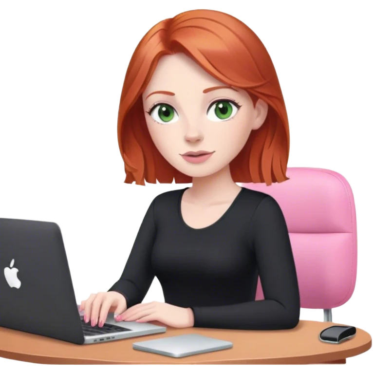 Redhead with green eyes sat at desk with pink MacBook and  podcast microphone black top and pink chair  emoji