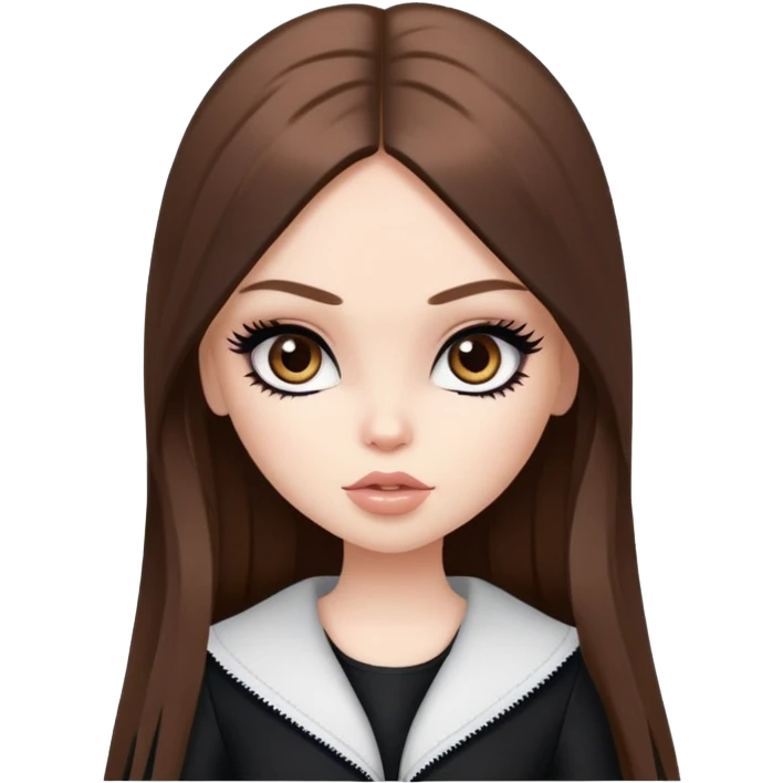 pretty bratz girl, long straight brown hair, brown eyes, black eyeliner, pale skin, black clothes emoji