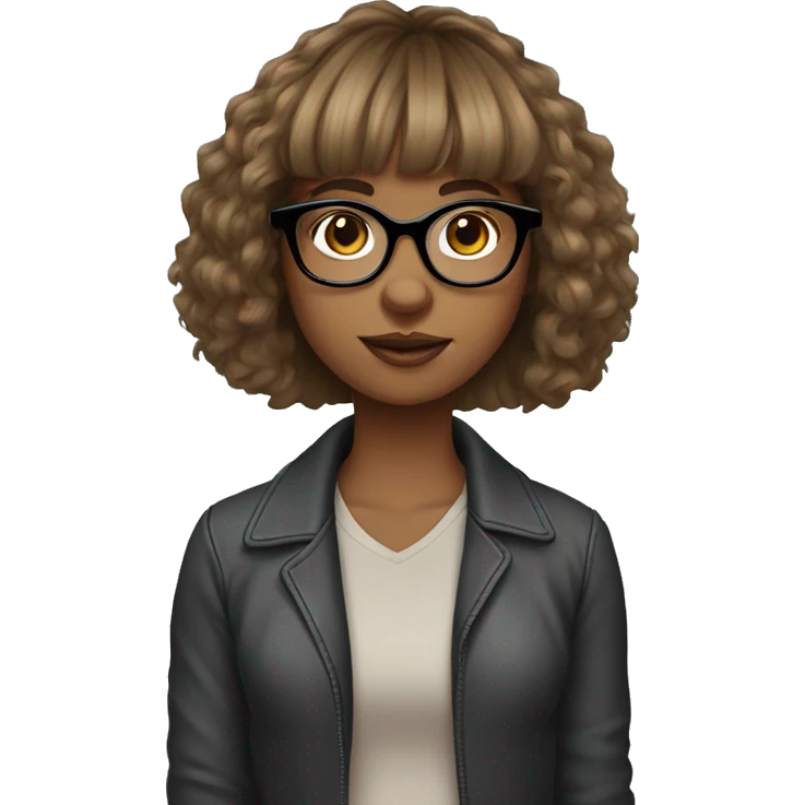 a girl with layerd cury hair and straight blended wispy bangs with glasses  emoji
