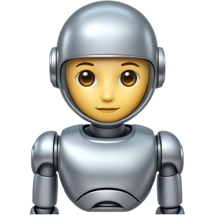 A cute futuristic robot emoji made of silver chrome, rounded friendly body, minimal facial features, glossy metallic surface, soft reflections, iOS emoji style, centered, clean white background emoji