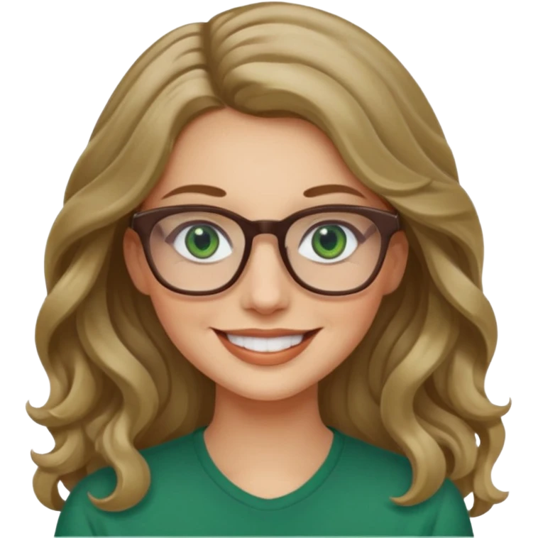 long wavy dark blonde hair woman with green eyes and glasses smiling emoji