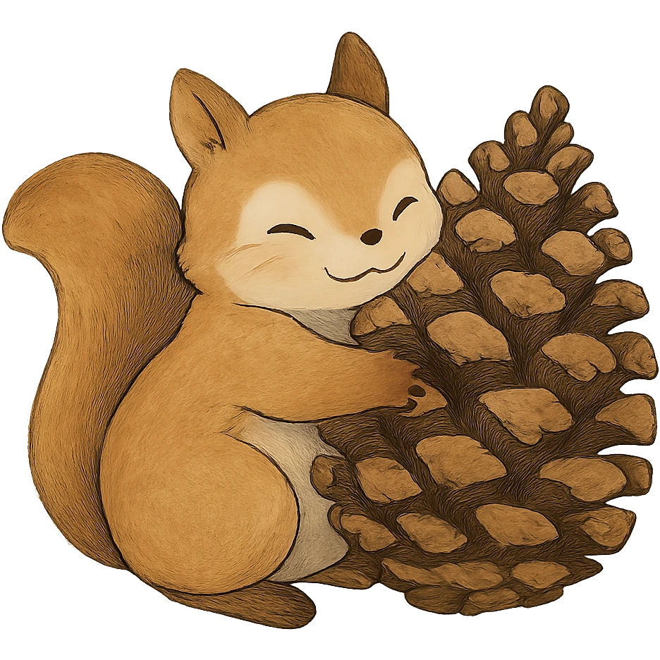 squirrel hugging a giant pine cone, forest kawaii illustration, Ghibli style emoji
