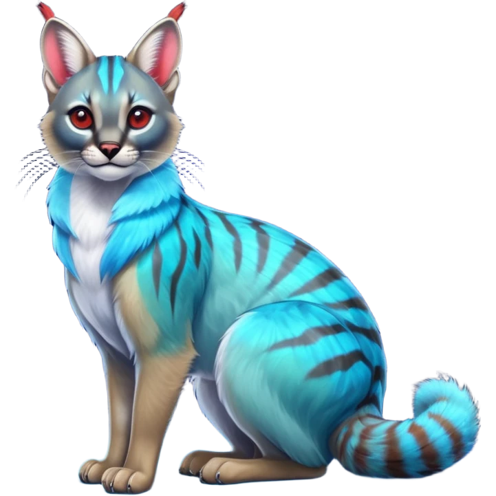 Colorful exotic shiny cobalt-blue-cyan-iridescent-gradients-colored fur coat with shiny-glowing-neon-red markings, tropical glorious divine exotic cute cool beautiful realistic caracal-civet-genet-sergal-vernid-Cacomistle-Trico-oncilla-animal-Fakémon-hybrid-fursona (full body) emoji