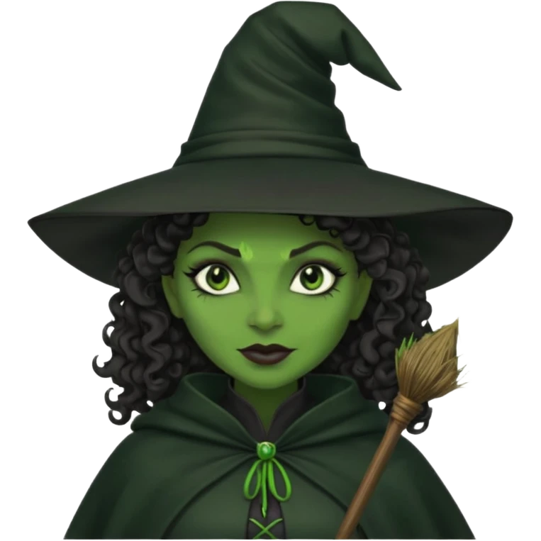 elphaba wicked witch with broom close up, evil dark curly hair, green skin, thick lips, cheekbones, smirk evil menacing cythia erivo dark aesthetic black hat cloak  emoji