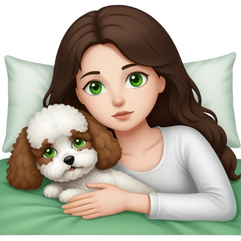 Brunette Long hair girl with green eyes sick in bed by herslef with one bichon frise dog emoji