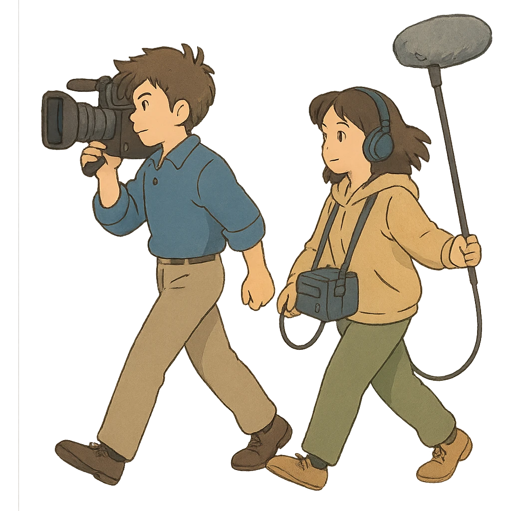 a flim crew, walking from left to right across frame: a cameraman, and a microphone operator emoji