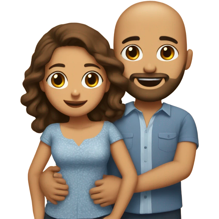 Brown-haired Puerto Rican woman with dark brown eyes wearing a cute blouse giving comforting hug to short, bald man with brown eyes, laugh lines, and a beard emoji