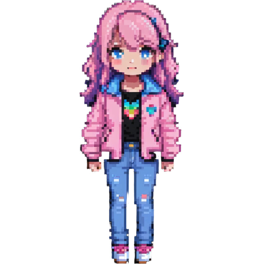 cute girl wearing a pink jacket and blue jeans, pixel art style emoji