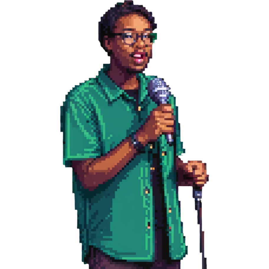 comedian on stage holding a microphone emoji